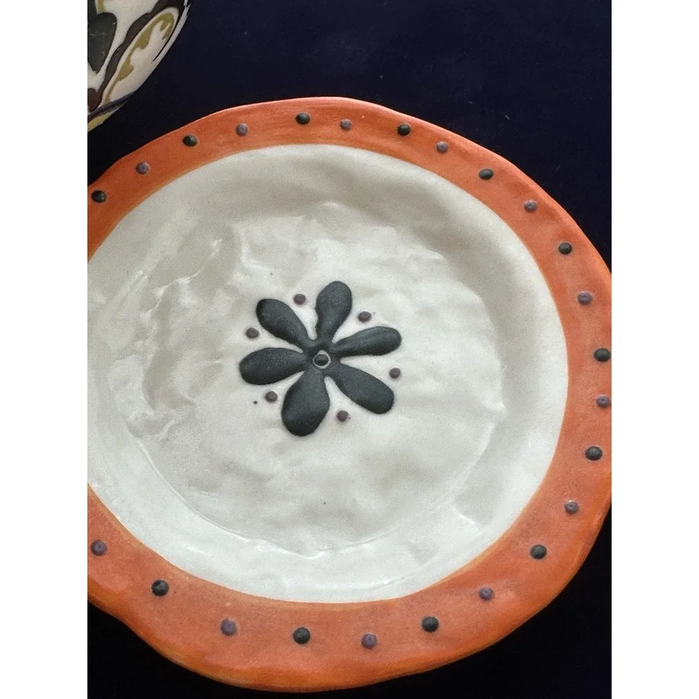 2 Ceramic Round Planters Multicolor Floral Pattern w/ Saucers Drainage Holes